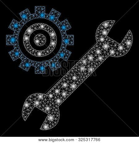 Glowing Mesh Service Tools With Glow Effect. Abstract Illuminated Model Of Service Tools Icon. Shiny