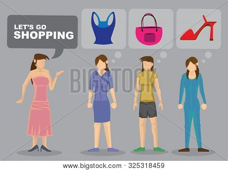 Cartoon Woman Suggest Going Shopping And Others Are Thinking Of Items To Buy. Vector Illustration.
