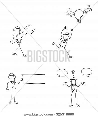 Quick Hand Drawing Businessman Set. Holding Spanner, Running After Flying Light Bulb, Holding Blank 
