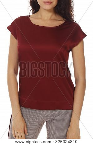 Magenda Silk Summer Sleeveless Blouse On Model Close Up Photo Isolated On White