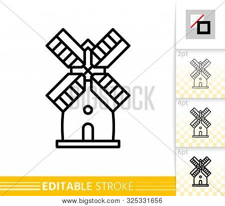 Windmill Single Line Icon. Farm Grain Flour Mill Flat Banner. Wind House Poster. Gristmill Linear Pi