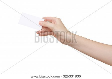 Female Hand Holding Blank Paper Business Card Isolated On White