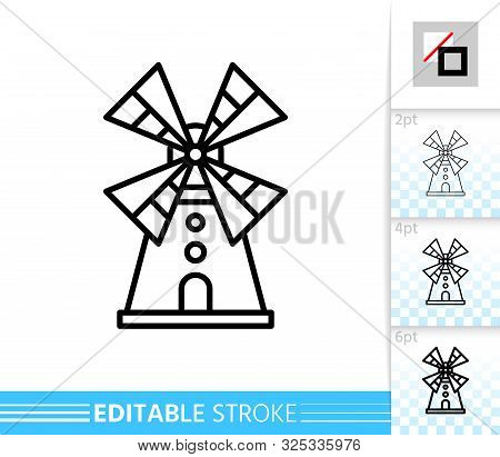 Windmill Single Line Icon. Farm Grain Flour Mill Flat Banner. Wind House Poster. Gristmill Linear Pi