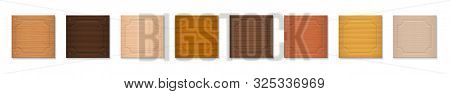 Wooden Badges, Square Format Nameplates, Blank Nametags. Collection With Different Colors And Textur