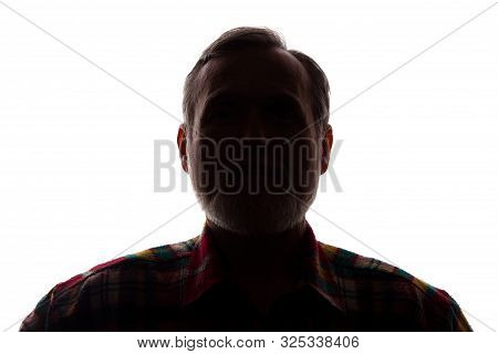 Portrait Of A Old Man, Unshaven, With Beard, Front View - Dark Isolated Silhouette