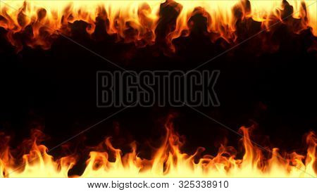 Fire Burning In Slow Motion. A Fiery Frame Surrounding The Screen On Black Isolated Background. 3d I