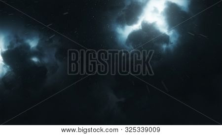 Brightly Sparkling Lightning Breaks Through The Dense Storm Clouds In The Night. Epic Flash Of Light
