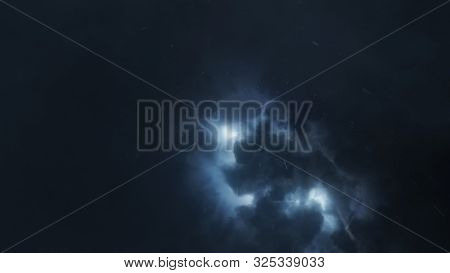 Brightly Sparkling Lightning Breaks Through The Dense Storm Clouds In The Night. Epic Flash Of Light