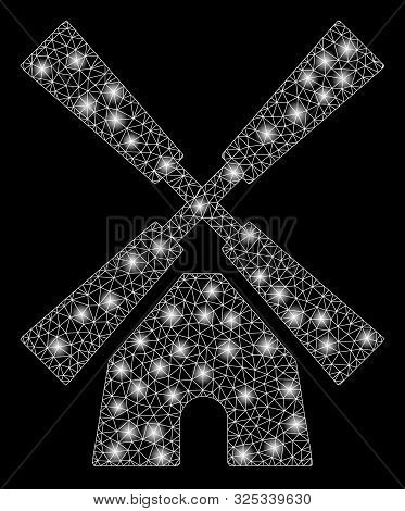 Flare Mesh Wind Mill With Glitter Effect. Abstract Illuminated Model Of Wind Mill Icon. Shiny Wire F