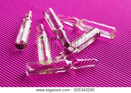 Many Scattered Glass Ampoules. Ampules Close Up. Medical Ampoules.
