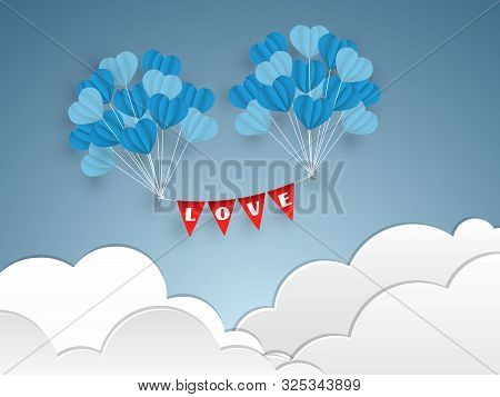 Vector Illustration Of Blue Tone Balloons In A Heart Shape Float With L, O, V, E Text On Red Flag On