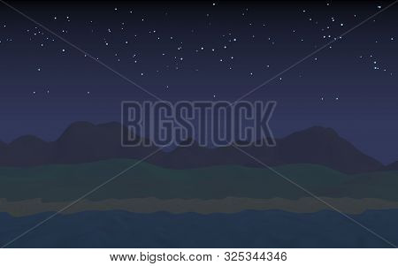 Starry Moonless Sky. Ocean Shore Line With Waves On A Beach. Island Beach Paradise With Waves. Vacat