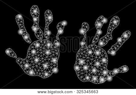 Glowing Mesh Hand Prints With Lightspot Effect. Abstract Illuminated Model Of Hand Prints Icon. Shin