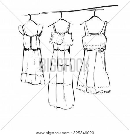 Clothes On Hangers. Hand Drawn Sketch Illustration. Dress