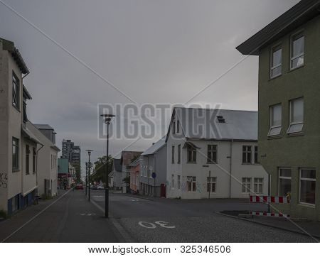 Iceland, Reykjavik, July 30, 2019: Empty Main Street In Reykjavik City Center. Early Morning, Mooody