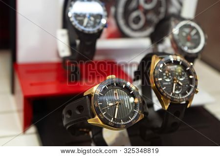 Chelyabinsk Region, Russia - August 2019. Tissot Brand Watches. Tissot Luxury Watches At Showcase Fo