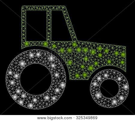 Flare Mesh Wheeled Tractor With Glare Effect. Abstract Illuminated Model Of Wheeled Tractor Icon. Sh
