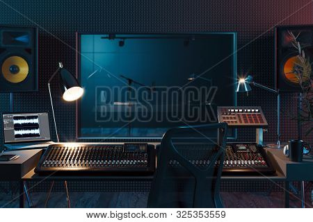 Studio Computer Music Station Set Up. Professional Audio Mixing Console. 3d Rendering.