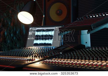 Studio Computer Music Station Set Up. Professional Audio Mixing Console. 3d Rendering.