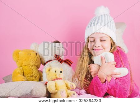 Child Small Girl Playful Hold Teddy Bear Plush Toy. Kid Little Girl Play With Soft Toy Teddy Bear On