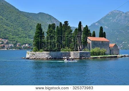 Perast, Montenegro - June 10. 2019 Natural Islet With Saint George Benedictine Monastery. Kotor Bay.