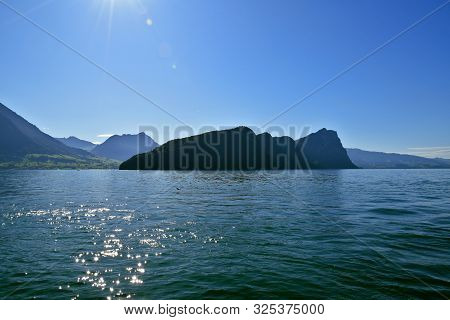 Landscape View Of Lake Lucerne With Lakeside Peak Burgenstock In The Distance