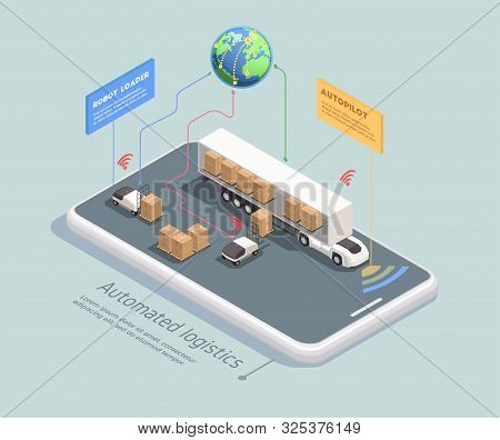 Transportation Isometric Concept With Remote Controlled Robots Loading Cargo Into Truck With Autopil