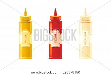 Mustard, Ketchup, Mayonnaise Sauces Bottles. Hot Sauce Set. Food Icons With Text Logo Label On Plast