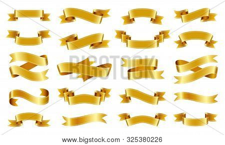 Gold Ribbon Scroll Realistic Set. Text Banner Sign Kit. Tape Pictogram Collection. Decoration Design