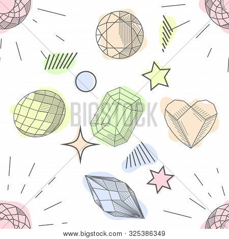 Seamless Pattern Of Hand Drawn Semiprecious Stones: Jade, Rock Crystal, Citrine, Amethyst, Aquamarin