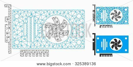 Mesh Videocard Model With Triangle Mosaic Icon. Wire Carcass Polygonal Mesh Of Videocard. Vector Com