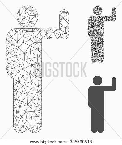 Mesh Vote Pose Model With Triangle Mosaic Icon. Wire Frame Triangular Mesh Of Vote Pose. Vector Mosa
