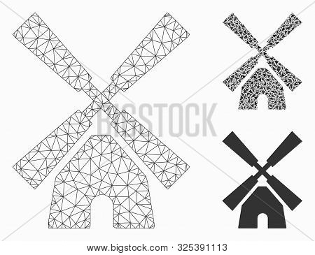 Mesh Wind Mill Model With Triangle Mosaic Icon. Wire Frame Triangular Network Of Wind Mill. Vector C