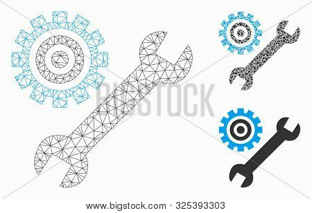Mesh Service Tools Model With Triangle Mosaic Icon. Wire Carcass Polygonal Mesh Of Service Tools. Ve