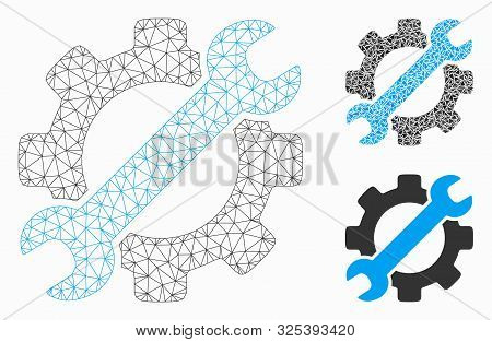 Mesh Service Tools Model With Triangle Mosaic Icon. Wire Frame Triangular Network Of Service Tools. 