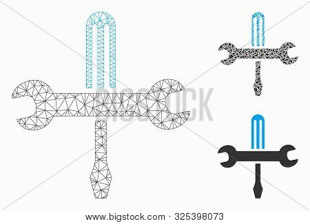 Mesh Tools Model With Triangle Mosaic Icon. Wire Carcass Triangular Mesh Of Tools. Vector Mosaic Of 