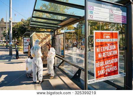 Strasbourg, France - Sep 21, 2019: Against The Collomb-macron Rule On The Npa Banner On Bus Station 