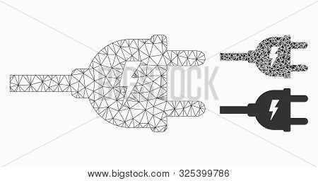 Mesh Electric Plug Model With Triangle Mosaic Icon. Wire Carcass Triangular Mesh Of Electric Plug. V