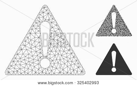 Mesh Warning Model With Triangle Mosaic Icon. Wire Carcass Triangular Mesh Of Warning. Vector Mosaic