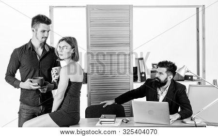 Flirting With Coworker Coffee Break. Woman Flirting With Coworker. Woman Attractive Working Male Col