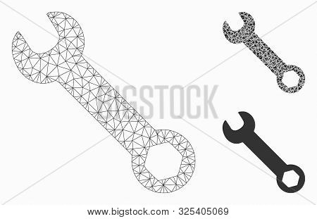 Mesh Wrench Model With Triangle Mosaic Icon. Wire Carcass Triangular Mesh Of Wrench. Vector Collage 