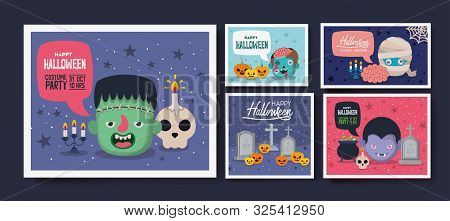 Happy Halloween Card With Cartoon Frankestein Head And Characters Heads And Related Icons Over Blue 