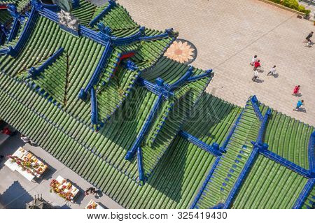 Nantou, Taiwan - September 15th, 2019: aerial view of famous landmark of BaoHu Dimu Temple at Puli, Nantou, Taiwan, Asia