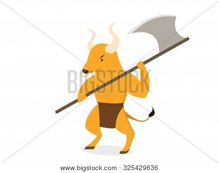 Minotaur With Axe Polearms In Flat Vector Art Design