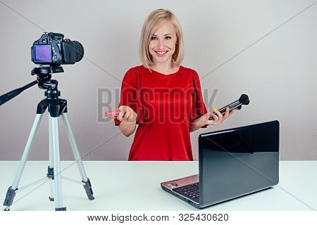 Beautiful Blond Videoblogger Beauty Blogger Woman In A Red Dress Records Video Blog About Cosmetics 