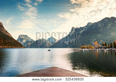 Traunsee Lake In Alps Mountains At Sunrise, Austria. Beautiful Autumn Landscape