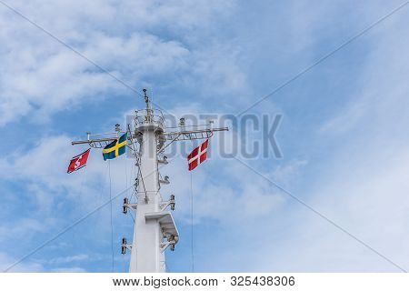 The Rig Of The Car Ferry Stena Nautica With The Danish And Swedish Flag, Grenaa, Denmark, September 