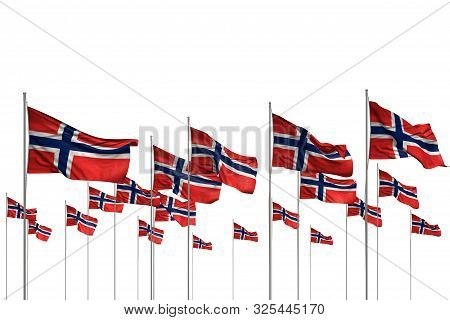 Beautiful Many Norway Flags In A Row Isolated On White With Empty Space For Text - Any Celebration F