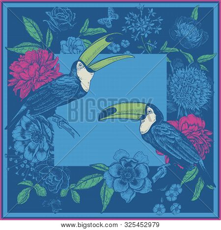 Toucans Birds On Branches, Beautiful Flowers Peonies, Roses And Butterflies. Vintage. Vector Illustr