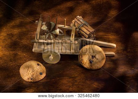 Beautifulo Omposition With Cookies And Cinnamon On A Wooden Foreground, Selective Focus